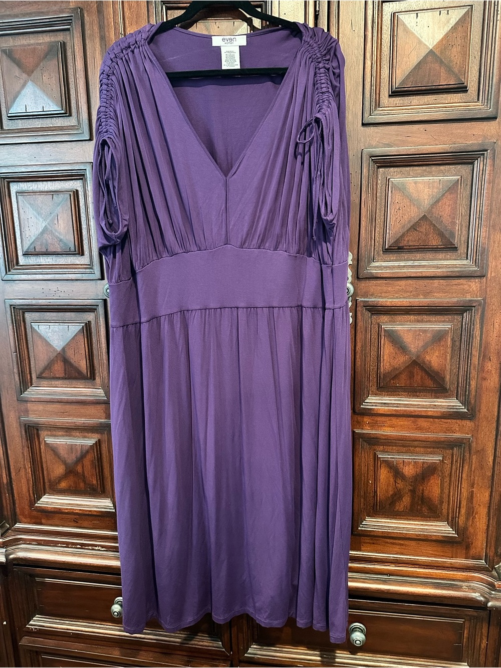 3X Even Women Deep Purple V-Neck Gathered Sleeve Maxi Dress Adjustable sleeves
